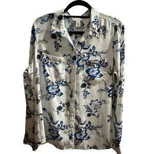 White House Black Market size 14 blue floral pockets button front blouse